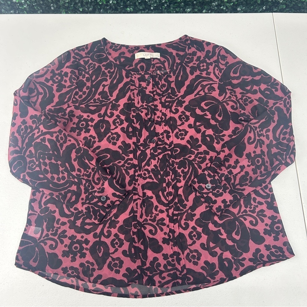 ANN TAYLOR LOFT Womens Sheer Front Long Sleeve Paisley Floral Top Blouse petite